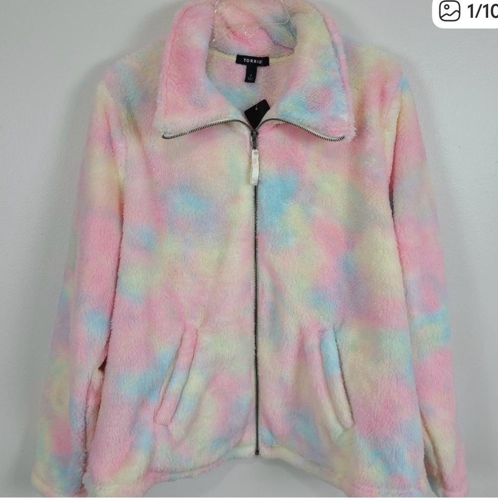 Nearly new! Torrid size 1 (1X) Pastel Rainbow Tie Dye Teddy Sherpa Zip Up Jacket - Picture 5 of 11